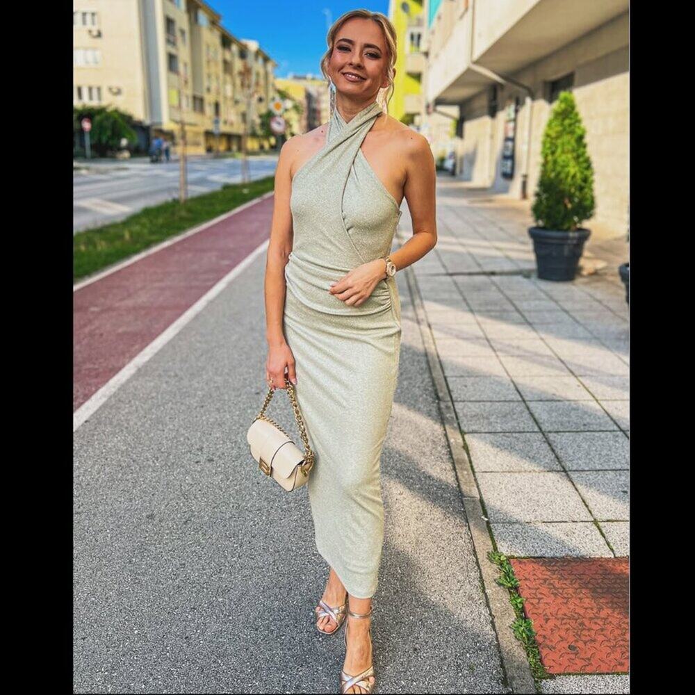 Zara Gold Metallic Halter Midi Dress Bodycon Evening Dress NWT M - Picture 9 of 16